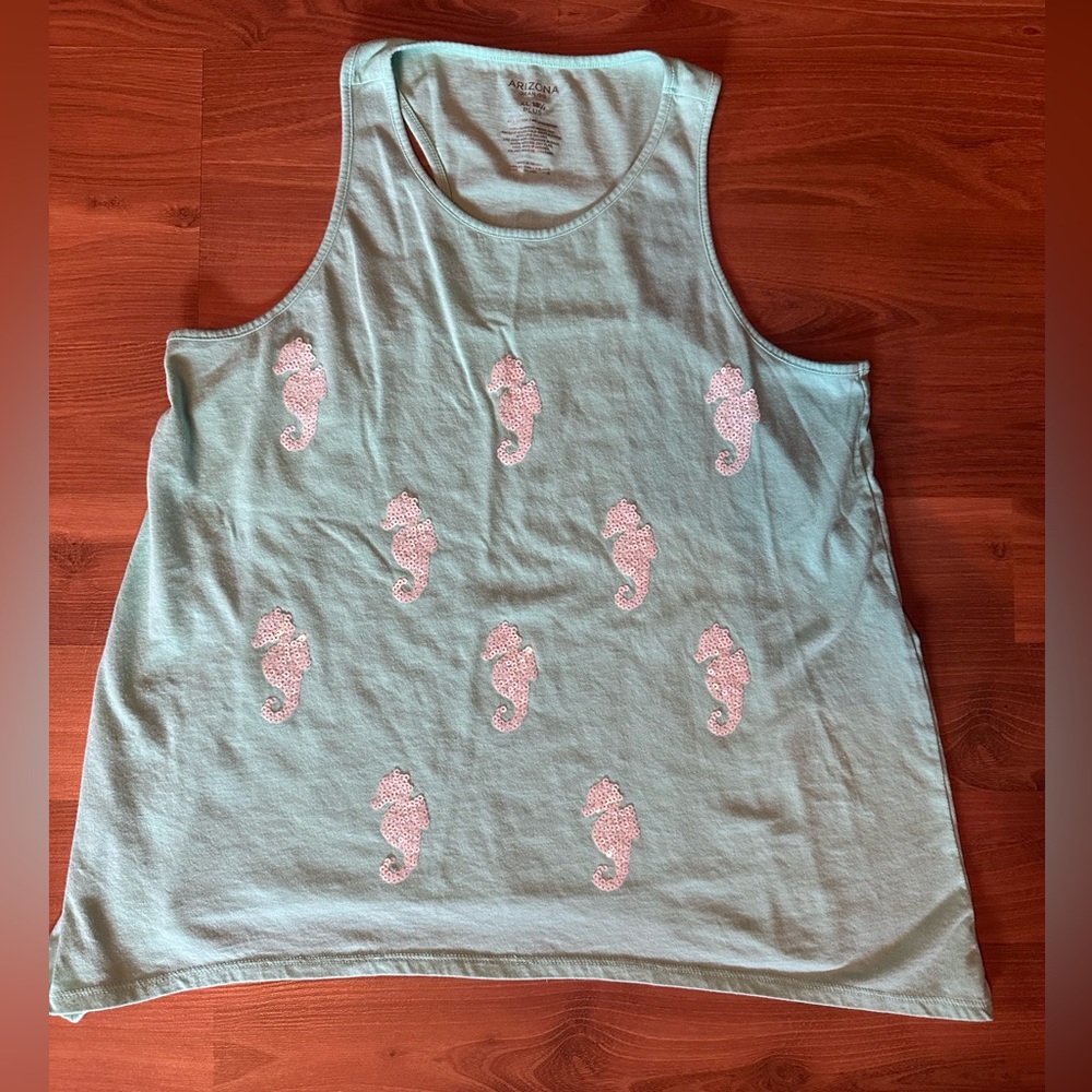 Arizona Jean Company Sea foam Green Tank Top with white Seahorses